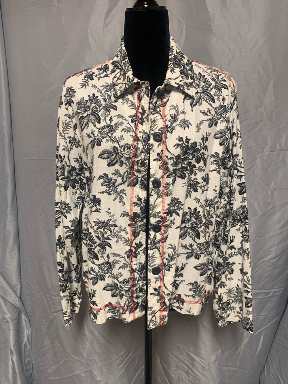 Coldwater Creek Cream Shirt Jacket with Black Floral Print and Coral Trim
